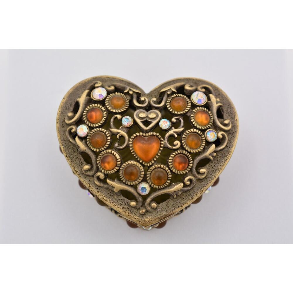 Vintage Trinket Box Heart Cabochon AB Rhinestone Crystal Amber Gold Heavy 1990s